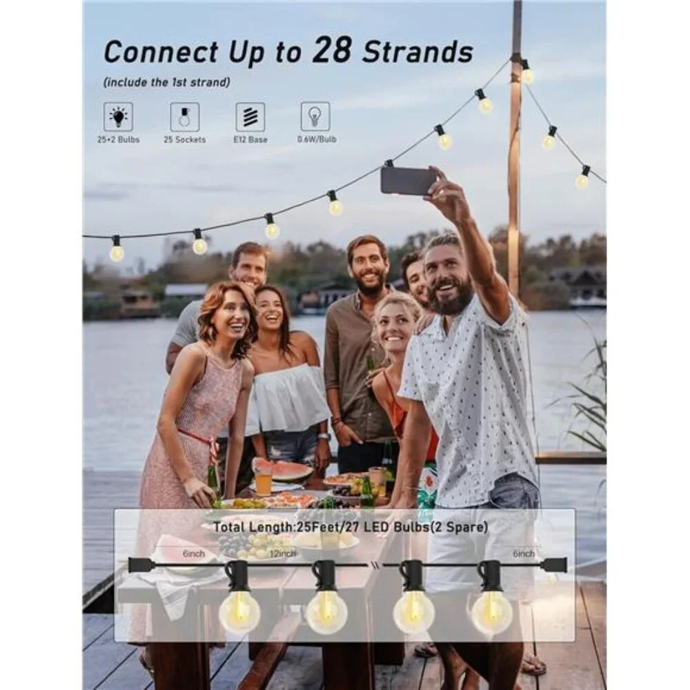 25Ft Globe Led Outdoor String Lights Waterproof Shatterproof Connectable Hanging